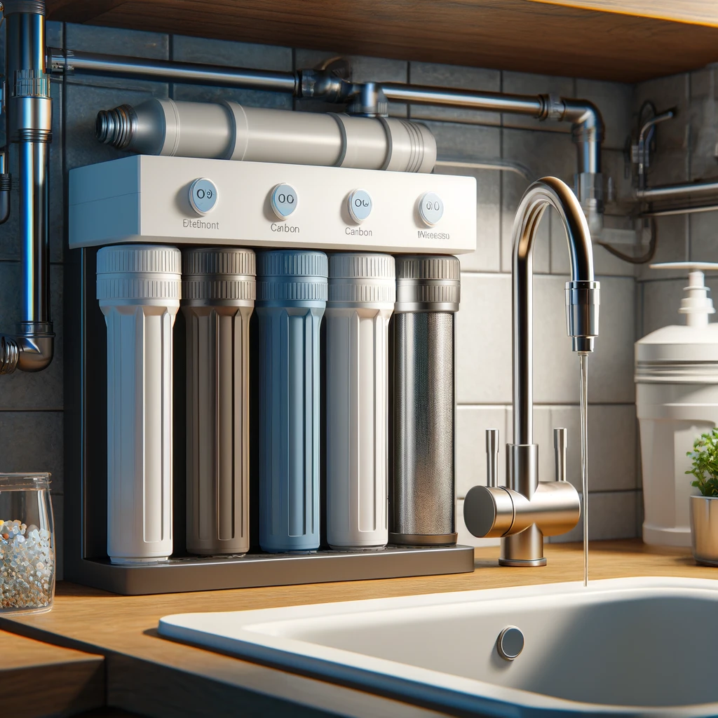 A detailed image of a modern drinking water system installed under a kitchen sink. The system includes a set of filters and a sleek faucet for dispensing water.